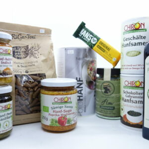 Bild mit verschiedene Lebensmittel: Aufstrich, Sugo, Nudeln, Müsli, Riegel, Tee, Hanfsamen und Öl