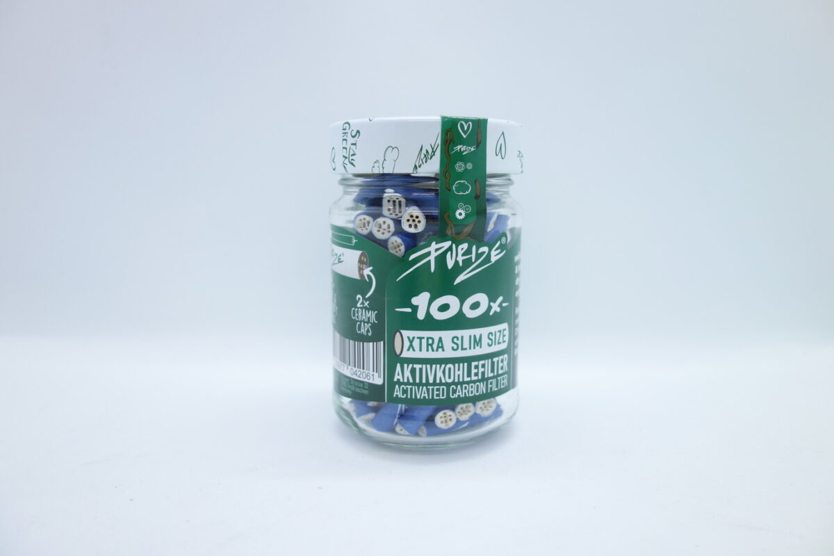Purize Aktivkohlefilter Xtra Slim 100 Stück blau im Glas mit Schraubverschluss