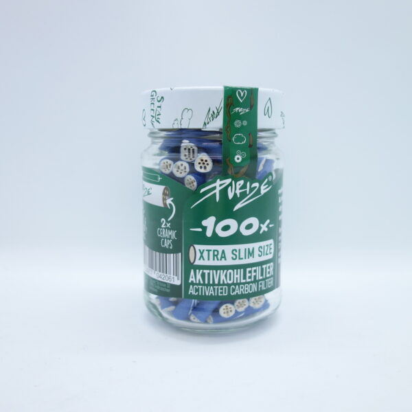 Purize Aktivkohlefilter Xtra Slim 100 Stück blau im Glas mit Schraubverschluss