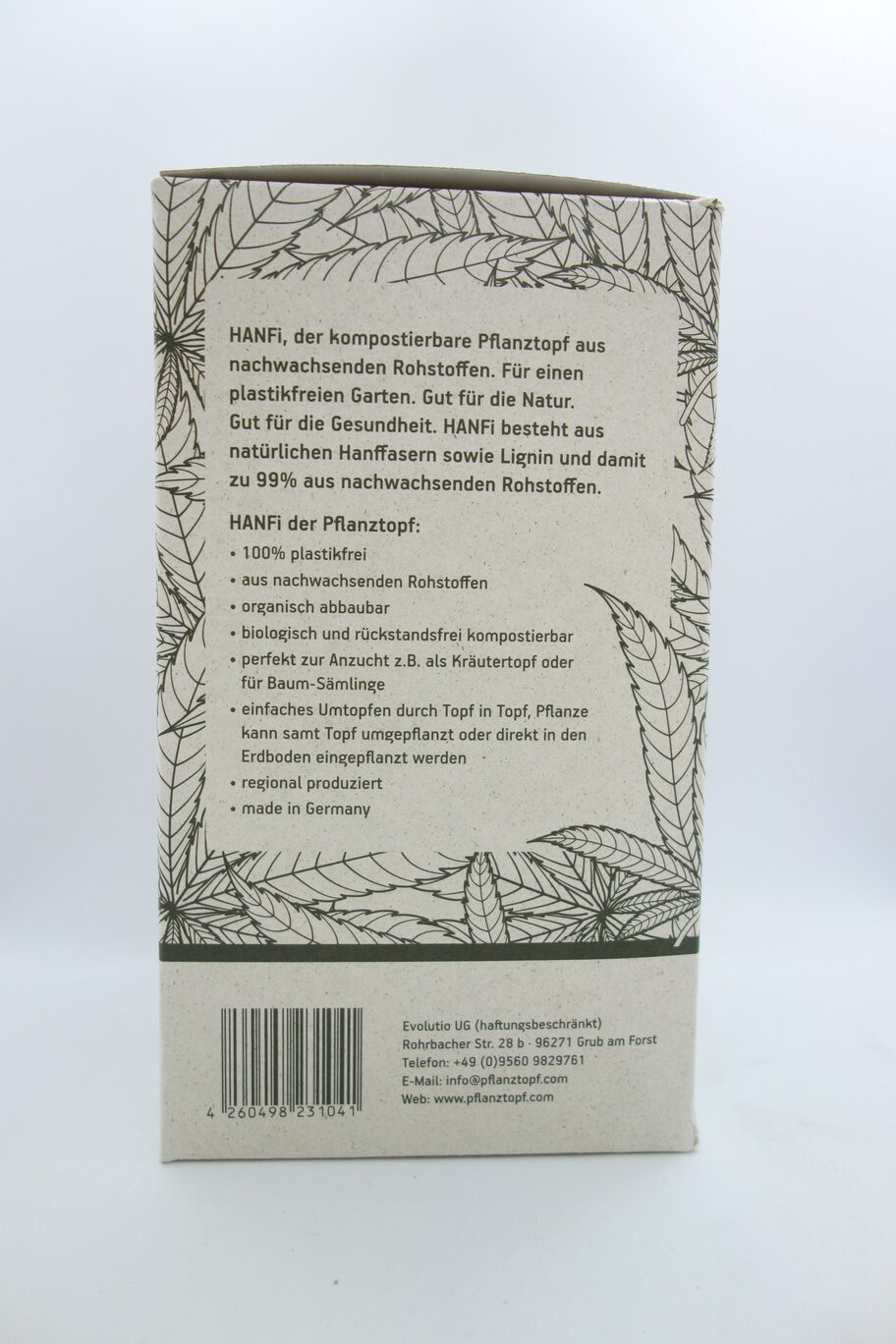 Karton von der Seite mit Infos zum Hanf-Pflanztopf
