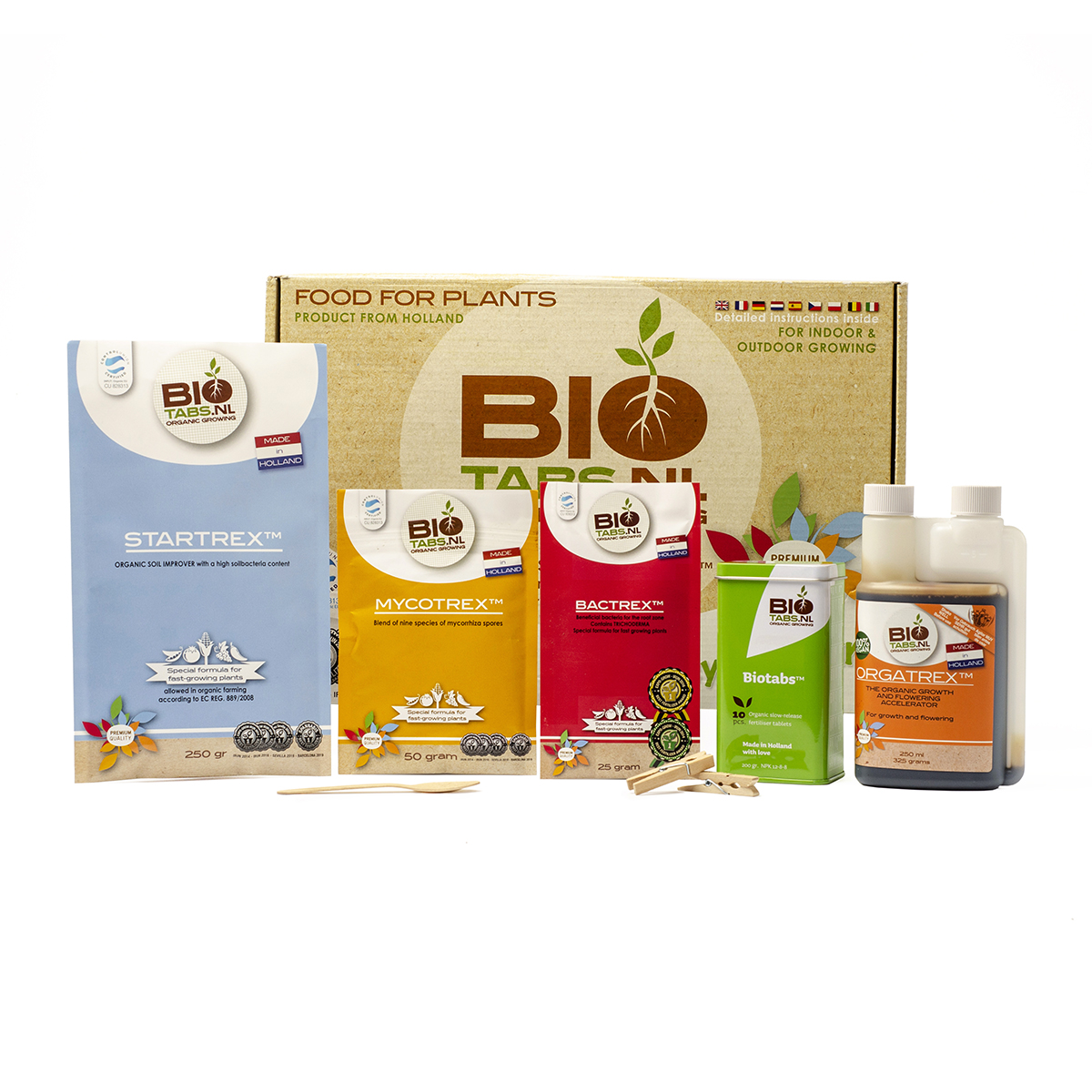 BioTabs Starterpack mit verschiedenen Düngern von BioTabs und Verpackungsschachtel im Hintergrund